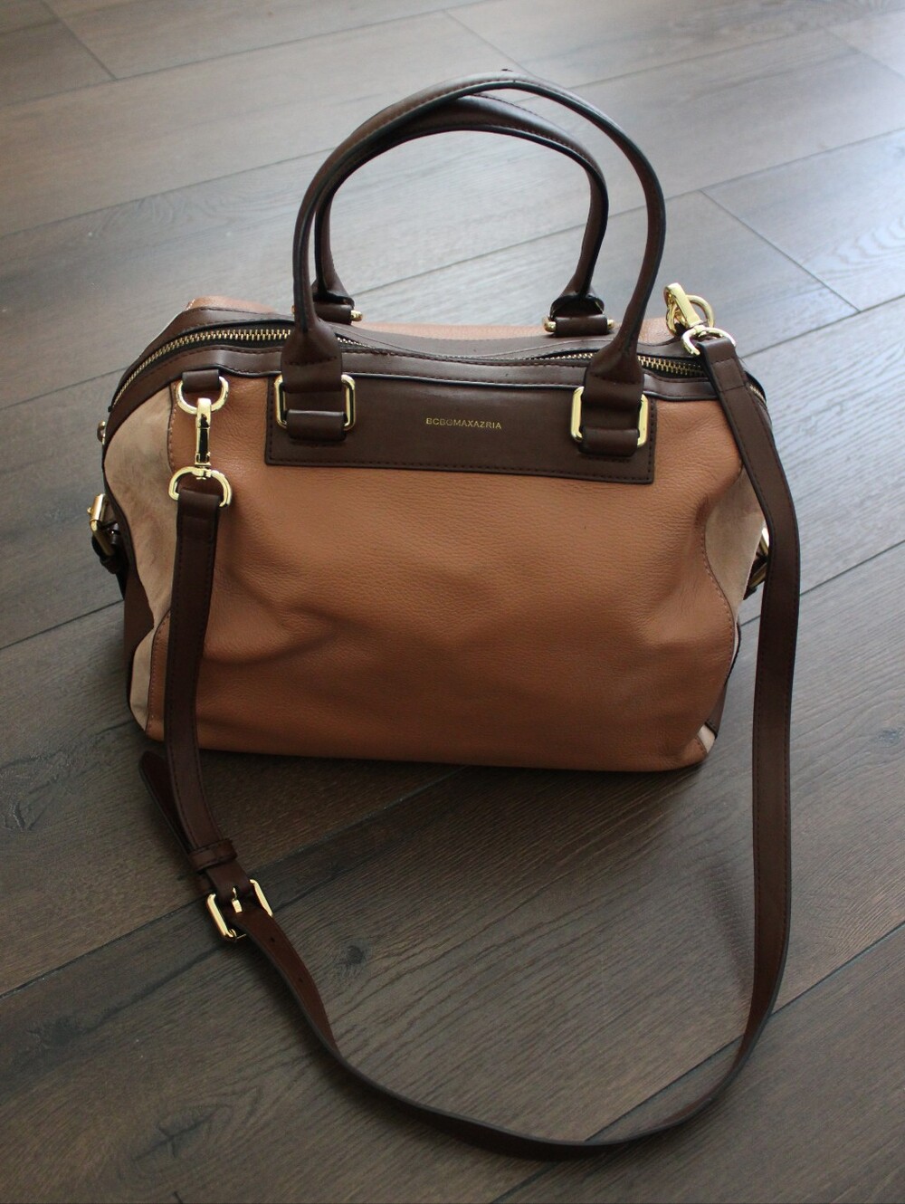 BCBGMAXAZRIA Brown Leather Satchel Bag with Gold Hardware
